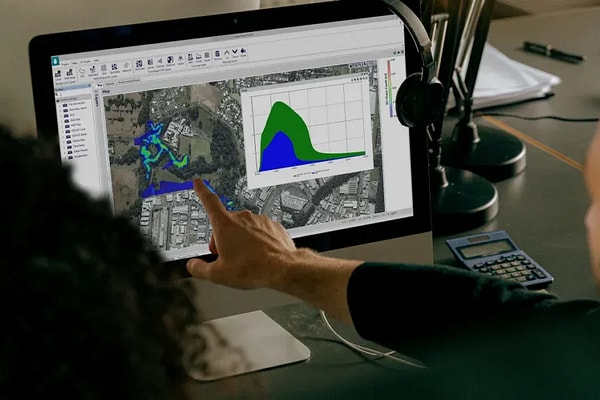 Person points to a screen on computer showing software user interface