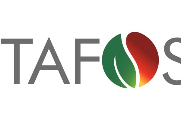 Grey lettering with orange-red and green ball spells Itafos