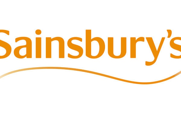 Orange lettering spells Sainsbury on white background