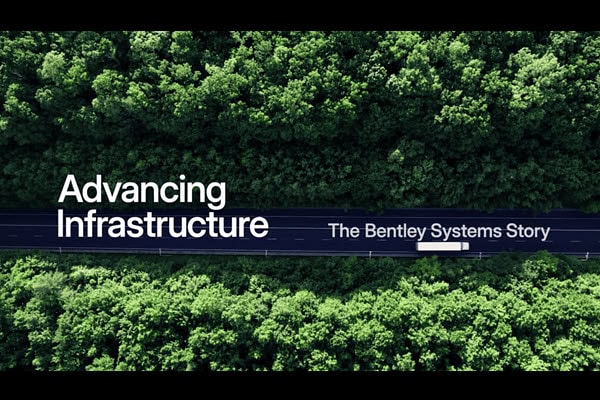 Words on top of aerial image of roadway with trees