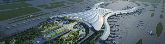  3D digital rendering of the massive Terminal 3 project at Guangzhou Baiyun International Airport, showcasing the new terminal building, airside aprons, and integrated transport facilities.