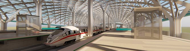 A digital rendering of the Halim Station, showcasing the intricate roof made of over 10,000 steel pipe elements designed and analyzed by WIKA in a digital environment.