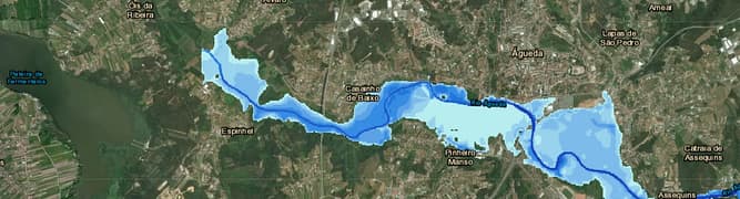 A flood simulation created by the Portuguese Environment Agency (APA) showing potential floodplains along the Águeda River.