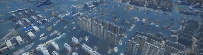 A digital twin simulation by CSCEC and AECOM showing a city-wide flood scenario for the Longenggang River Basin project in Shenzhen.