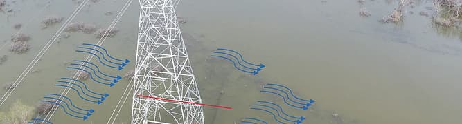 Aerial photograph of an electrical transmission tower standing in floodwaters, accompanied by diagrams illustrating water flow and pool elevation.