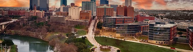 The downtown Fort Worth, Texas skyline at sunset.