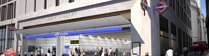 An architectural rendering of the new entrance to Bank Station, showing pedestrians entering through the ticket gates.