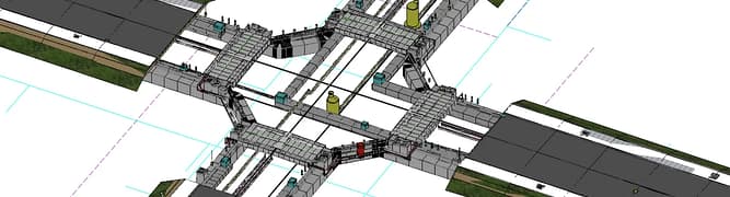 A detailed 3D model of a complex road intersection, highlighting its structural and engineering components from an overhead perspective.