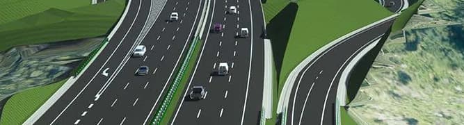A digital visualization of a major interchange on the Chuxiong-Dali Expressway, created by SRBG using Bentley's 3D road design applications to manage the complex, multi-level roadway in steep terrain.