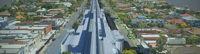 A visualization created by WSP for the Parkdale Level Crossing Removal project, showing how the new 1.3-kilometer elevated rail bridge and station will integrate with the existing community.