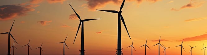 A row of wind turbines stands on a ridge at sunrise, with rolling hills and low clouds in the background.