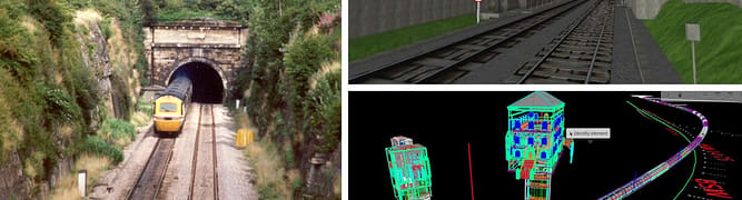 Three images: a train exits a tunnel in a rural area, a digital simulation of a train tunnel, and a 3D model of rail infrastructure.