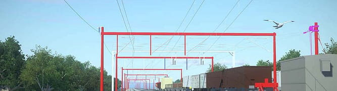 Railway tracks extend into the distance with red overhead electrical lines, adjacent freight cars, green trees, and a blue sky with a flying bird.