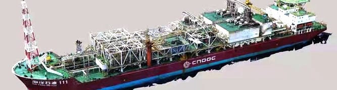 A digital model for the CNOOC FPSO, showing the complex topside processing modules, flare tower, and helideck, all managed within an asset performance system.