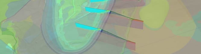 3D geotechnical model of OceanaGold's tailings storage facility, showing multiple analysis cross-sections used for risk management and stability assessment.