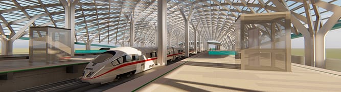 A digital rendering of the Halim Station, showcasing the intricate roof made of over 10,000 steel pipe elements designed and analyzed by WIKA in a digital environment.