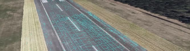 Aerial view of a runway with cracks highlighted in blue, identified by AI/ML after a drone flight; accompanying text describes the detection process.