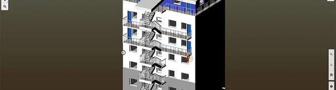 A 3D model of a building with an increasing number of safety-enhanced staircases.