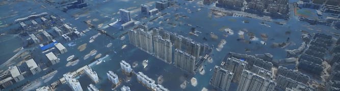 A digital twin simulation by CSCEC and AECOM showing a city-wide flood scenario for the Longenggang River Basin project in Shenzhen.