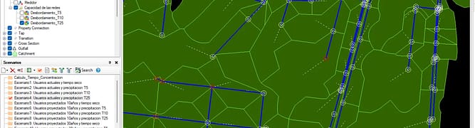 OpenFlows Sewer software interface displaying a green-shaded hydraulic model of the sewer network in La Hueso, Colombia