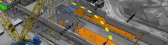 A 4D construction model in SYNCHRO showing the phased construction of a new rail station and trench