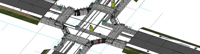A detailed 3D model of a complex road intersection, highlighting its structural and engineering components from an overhead perspective. 