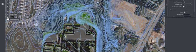 A digital map in OpenSite+ displays building outlines, roads, contour lines with elevation markers, and floodplain data—ideal for site design and analysis by firms like Pennoni.