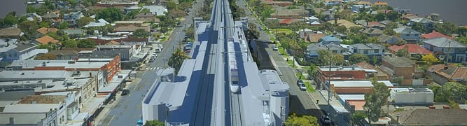 A visualization created by WSP for the Parkdale Level Crossing Removal project, showing how the new 1.3-kilometer elevated rail bridge and station will integrate with the existing community.