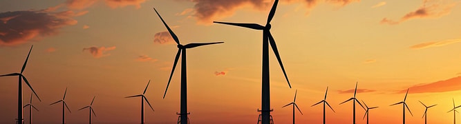 A row of wind turbines stands on a ridge at sunrise, with rolling hills and low clouds in the background.