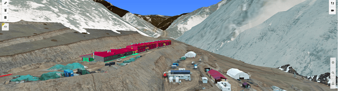 A digital twin of AAEngineering Group's gold ore processing plant, visualized within its remote, mountainous terrain in Kazakhstan.