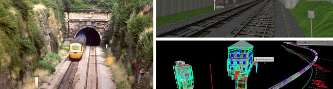 Three images: a train exits a tunnel in a rural area, a digital simulation of a train tunnel, and a 3D model of rail infrastructure.