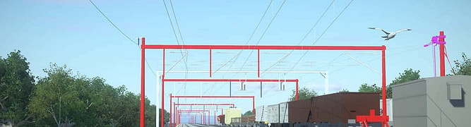 Railway tracks extend into the distance with red overhead electrical lines, adjacent freight cars, green trees, and a blue sky with a flying bird.