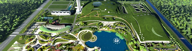 A 3D digital rendering of the Songjiang Renewable Energy Plant in Shanghai, showcasing its innovative garden-style design where the waste-to-energy facility is integrated into a public park.