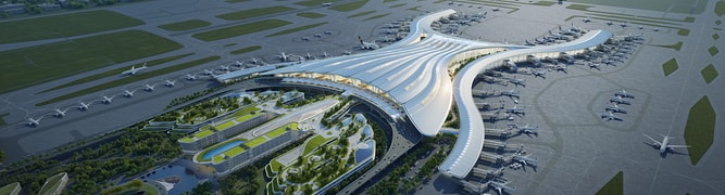  3D digital rendering of the massive Terminal 3 project at Guangzhou Baiyun International Airport, showcasing the new terminal building, airside aprons, and integrated transport facilities.