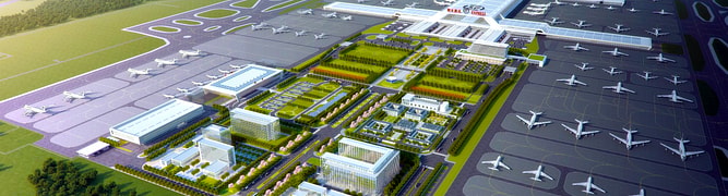 An aerial visualization of the massive Hubei Ezhou Huahu Airport, a 6.8-square-kilometer cargo hub designed and constructed using a collaborative, multi-professional BIM model.