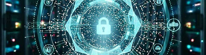 Digital lock symbol with network connections appears over a server room background, representing cybersecurity and data protection for federal infrastructure projects and FedRAMP authorization in a digital environment. 