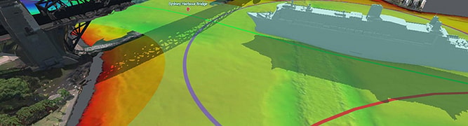 A hydrographic survey model created by the Port Authority of New South Wales, visualizing the seabed depth around the Sydney Harbour Bridge to manage dredging and safe navigation for large vessels.