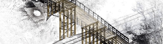 A 3D design model of a bridge and railway tracks overlaid on a point cloud survey of the surrounding natural environment, shown within OpenRoads Designer.  