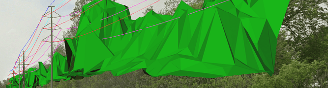Green 3D polygons overlay trees beside a road, illustrating where vegetation intersects with America power line clearance zones—showcasing how tech helps build safer, more efficient infrastructure 