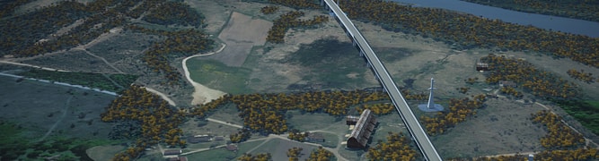  A 3D visualization of a viaduct on the new high-speed rail line in Spain, showcasing Ineco's design for the Palencia-León electrification project.