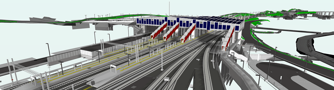 3D rendering of a transportation hub with multiple railway tracks, a toll plaza, and adjacent roads, illustrating the complex infrastructure of this Landmark Railway Project.