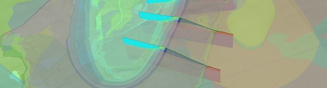 3D geotechnical model of OceanaGold's tailings storage facility, showing multiple analysis cross-sections used for risk management and stability assessment.
