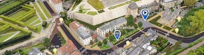 A digital twin visualizing the City of Pau's urban redevelopment project in the historic district surrounding the Château de Pau.
