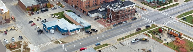 A digital twin of downtown Perry, Iowa, created by Foth to visualize and plan the city's streetscape and pedestrian improvement project.