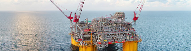 A photograph of a massive Shell deepwater production platform, like the Appomattox, operating in the Gulf of Mexico, which was delivered using a standardized digital twin approach.