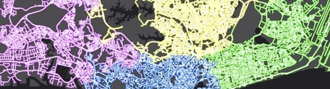 A color-coded map of Singapore's road network, showing the different zones of the Singapore Land Authority's nationwide 3D mobile mapping project to create a national digital twin.