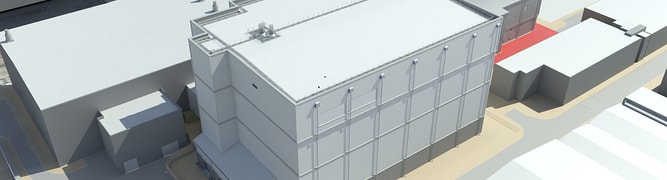 An architectural rendering of the MareNostrum 5 data center, created by PROICERE using OpenBuildings Designer to coordinate a complex, multidisciplinary design.