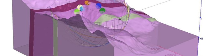 A 3D geological model created in Leapfrog Geo, showing the subsurface rock layers and structural data used to analyze the cause of the Punta Cola rock avalanche in Chile.