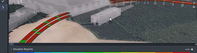 A screenshot of the iTwin Experience platform visualizing a report, showing quantity and realized values for an airport roof and roadway deck overlaid on the 3D model of a terminal project.