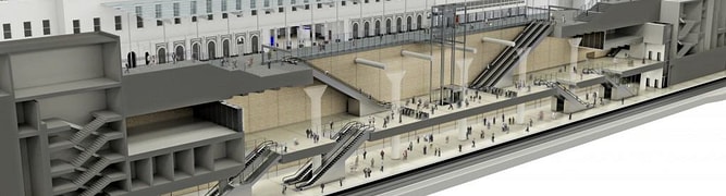 A modern Elizabeth line train at a newly constructed underground station platform, showcasing Transport for London's major railway infrastructure project.